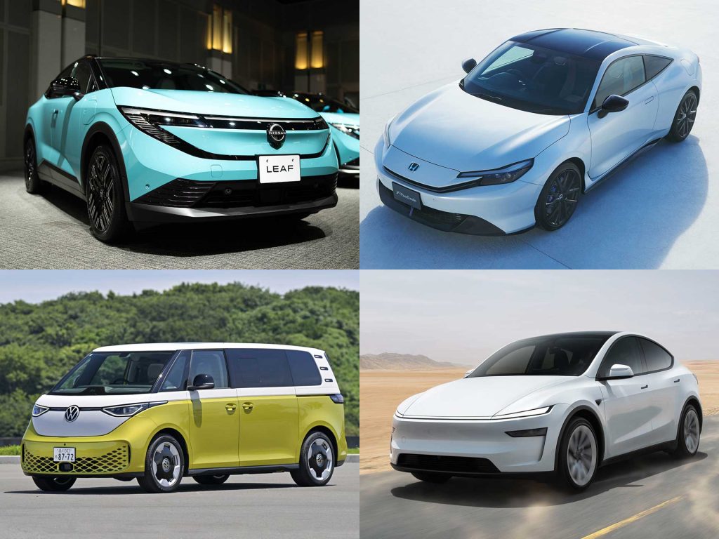 (写真左上から)日産・リーフ、ホンダ・プレリュード、フォルクスワーゲン・ID. Buzz、テスラ・モデルY
